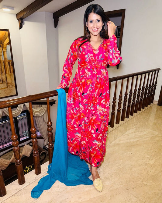 Floral Chinnon Alia Cut Gown with Blue Dupatta