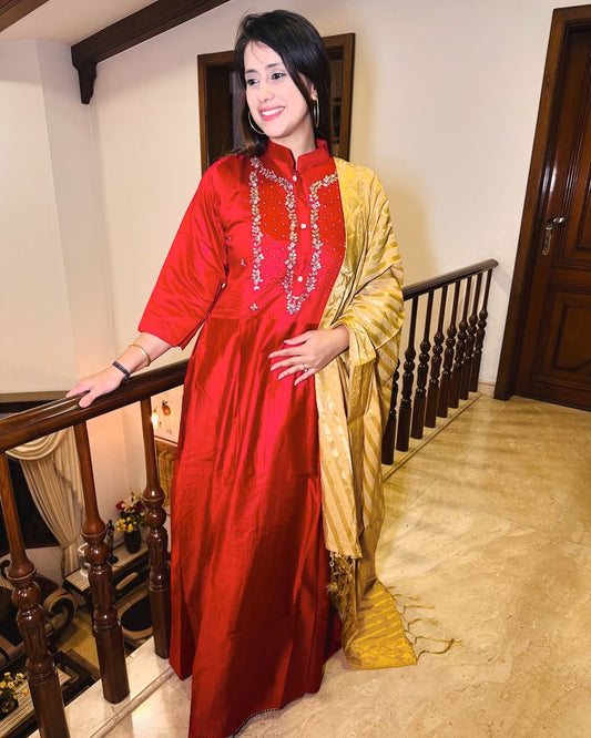 Red Solid Anarkali Handwork Gown with Dupatta