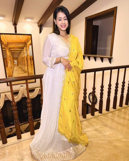 Off White Alia Cut Gown with Yellow Dupatta Partywear