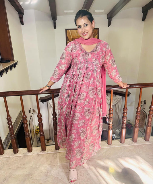 Floral Pink Alia Cut Handwork Gown with Dupatta
