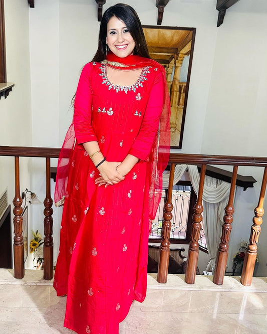 Handwork Red Foil Print Anarkali Gown with Dupatta