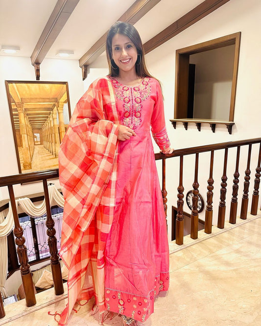 Peach Anarkali Gown With Chex Dupatta