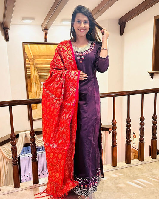 Violet Anarkali Gown with Red Dupatta for Parties and Festives