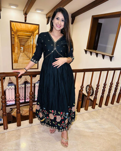 BLACK COTTON EMBROIDERY ANARKALI GOWN