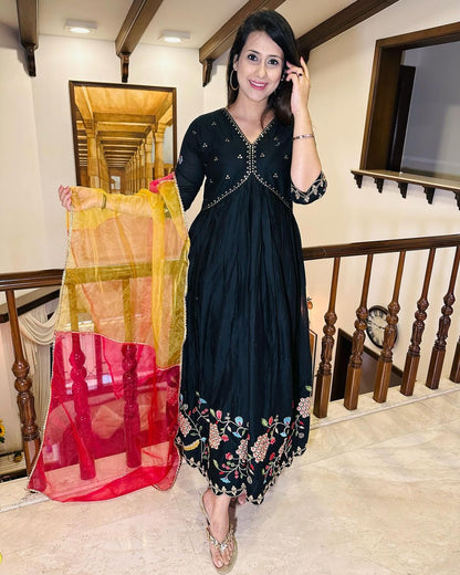 BLACK COTTON EMBROIDERY ANARKALI GOWN