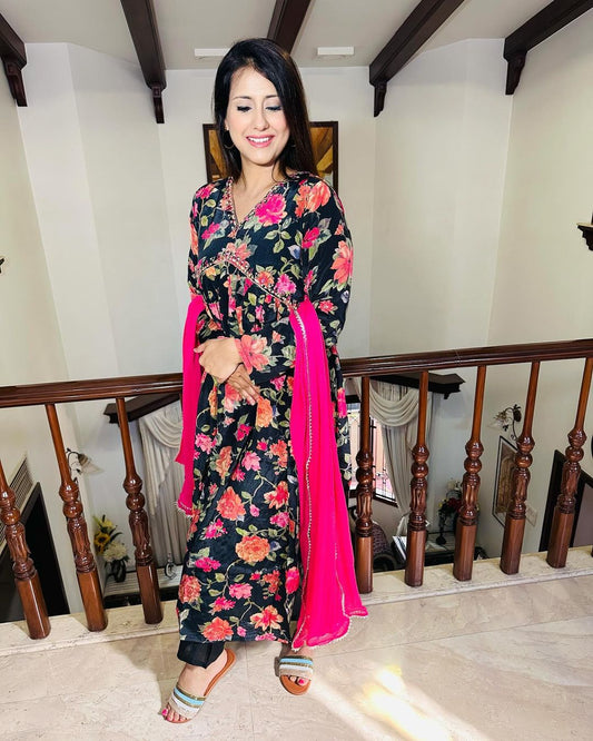 Floral Black Alia Cut Handwork Gown with Dupatta