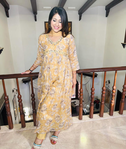 Floral Yellow Alia Cut Handwork Gown with Dupatta